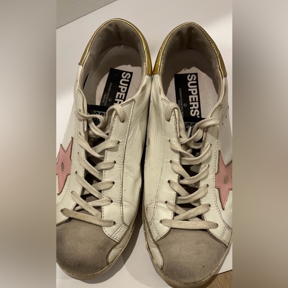 Golden Goose White Leather Gold Metallic Leather Back Pink Star Size 40 - Picture 1 of 9